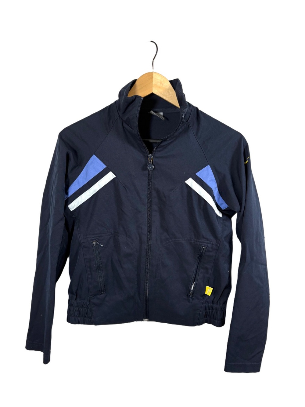 Nike Womens S Navy Blue Track Jacket White Blue Stripe Yellow Swoosh Y2K